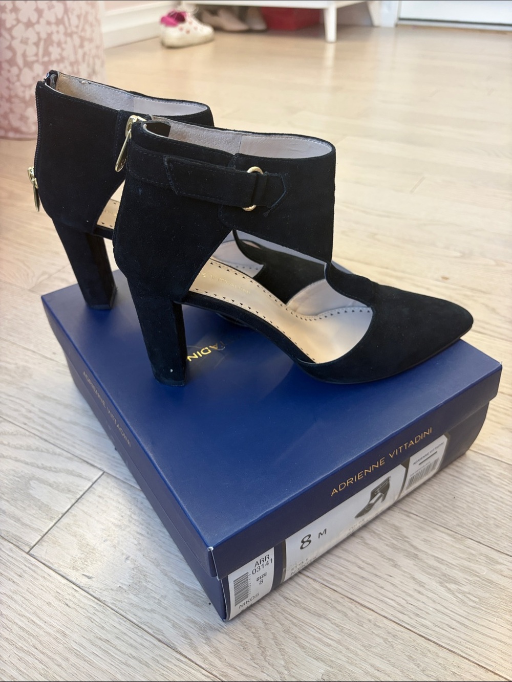 Adrienne Vittadini Black Suede Cutout Ankle Strap Pumps